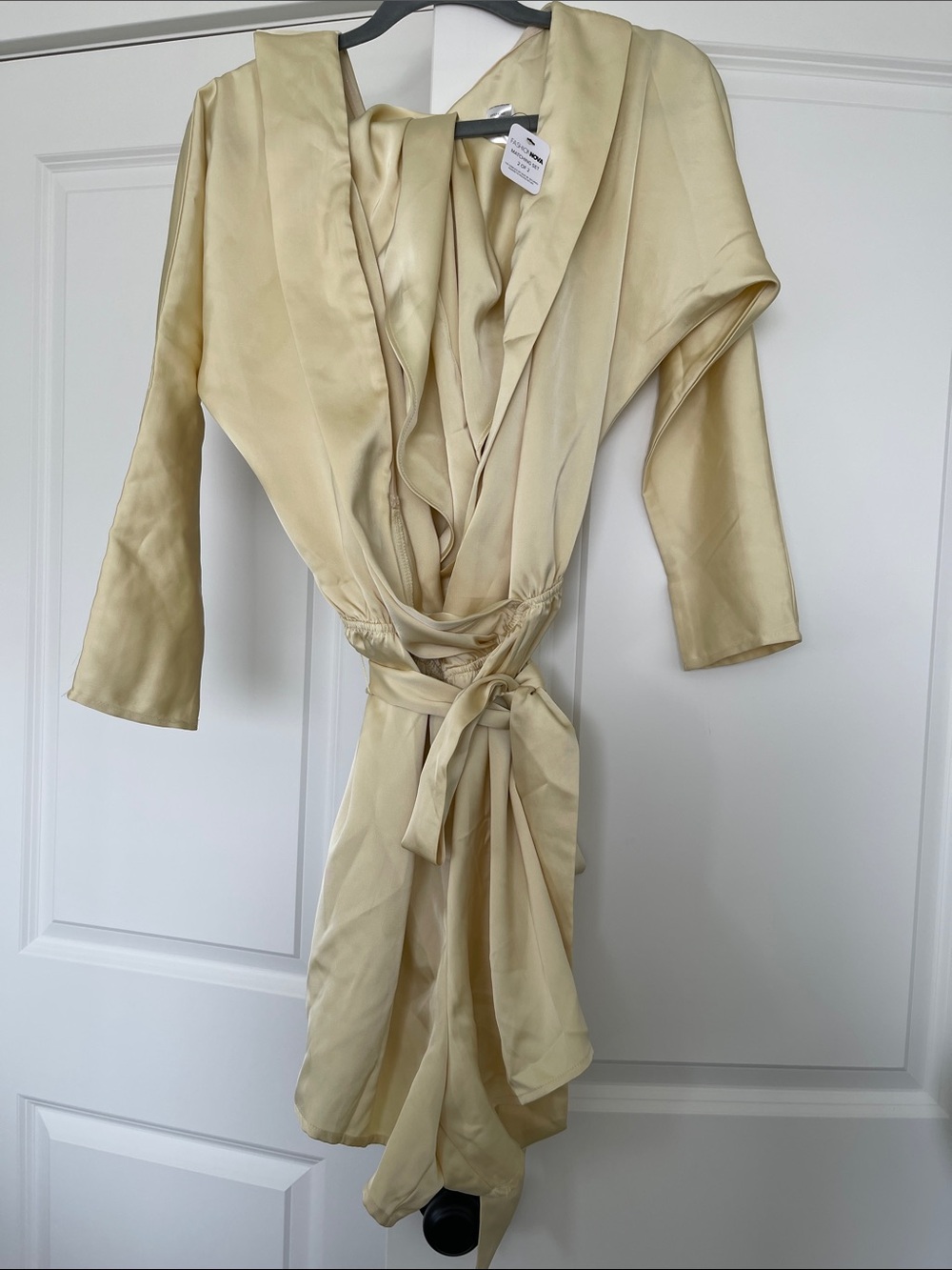 Fashion Nova Light Champagne Satin Wrap Romper with Tie Waist